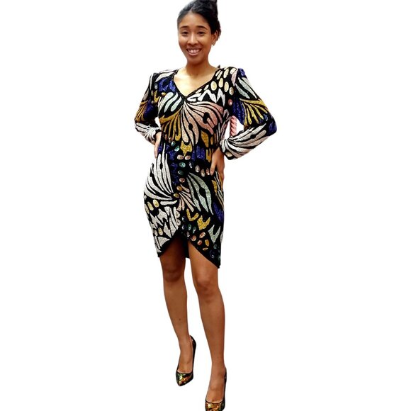 EXTRAORDINARY Vintage ART DECO Sequin Abstract Mini PARTY Dress Long Sleeve S - Picture 2 of 12